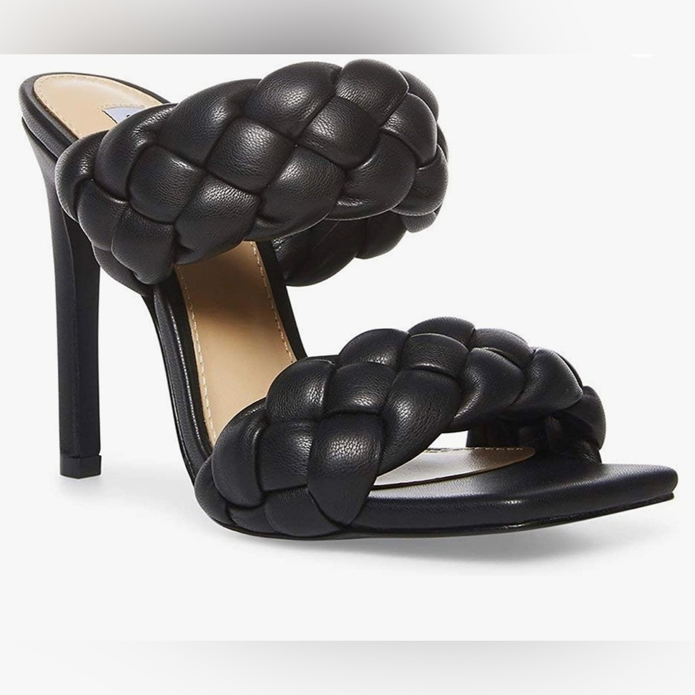 Steve Madden Kenley Slip On Chunky Braided High Heel Sandal Black Leather NWOT